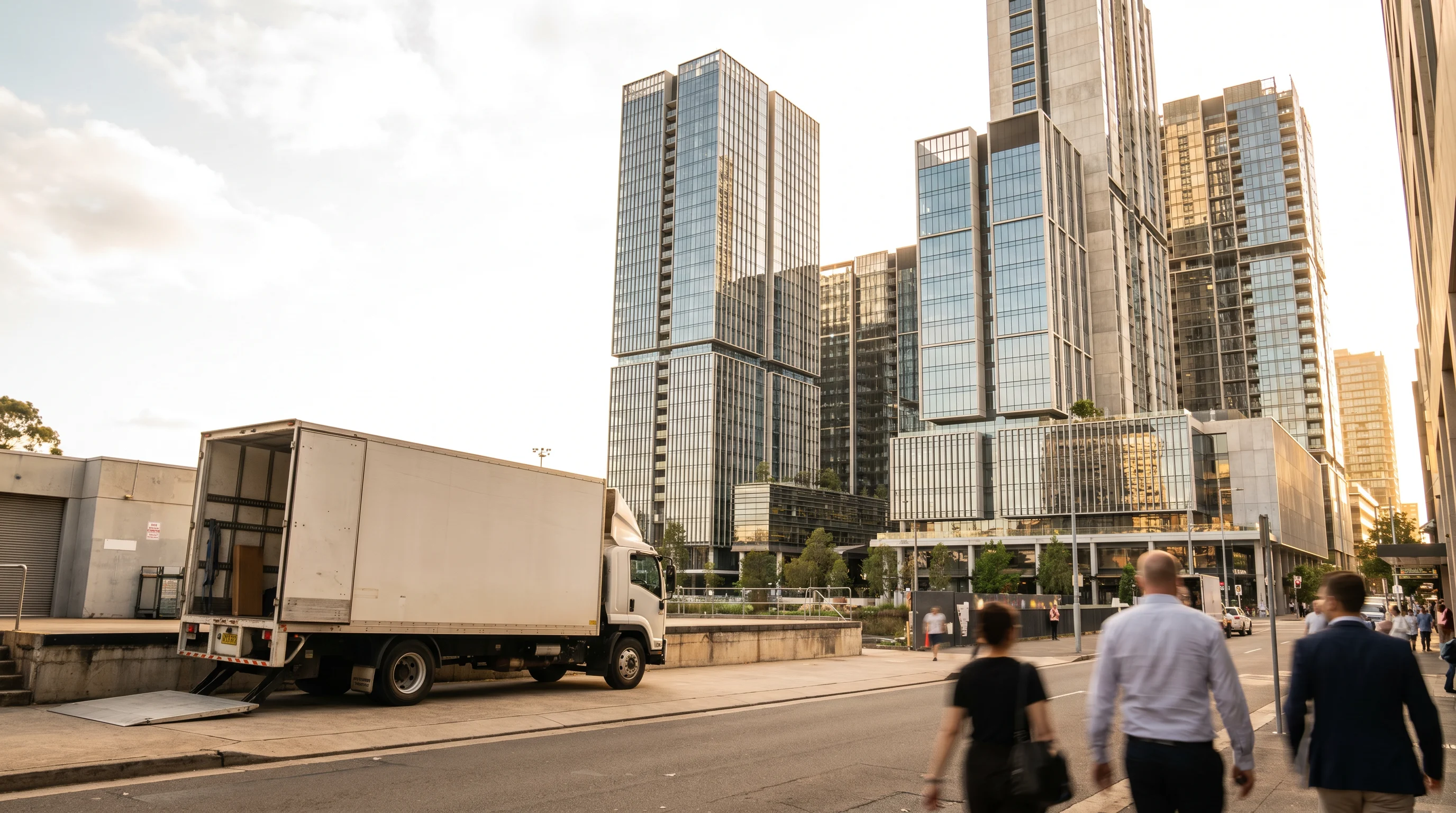 A removal truck at a loading dock below the Parramatta CBD high-rise towers